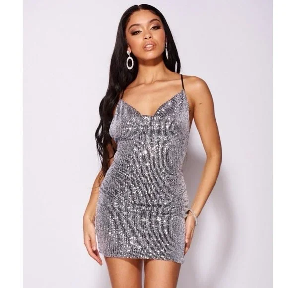 Silver Sequins Sleeveless Cowl Neck Backless Open Back Bodycon Mini Dress - Picture 6 of 11